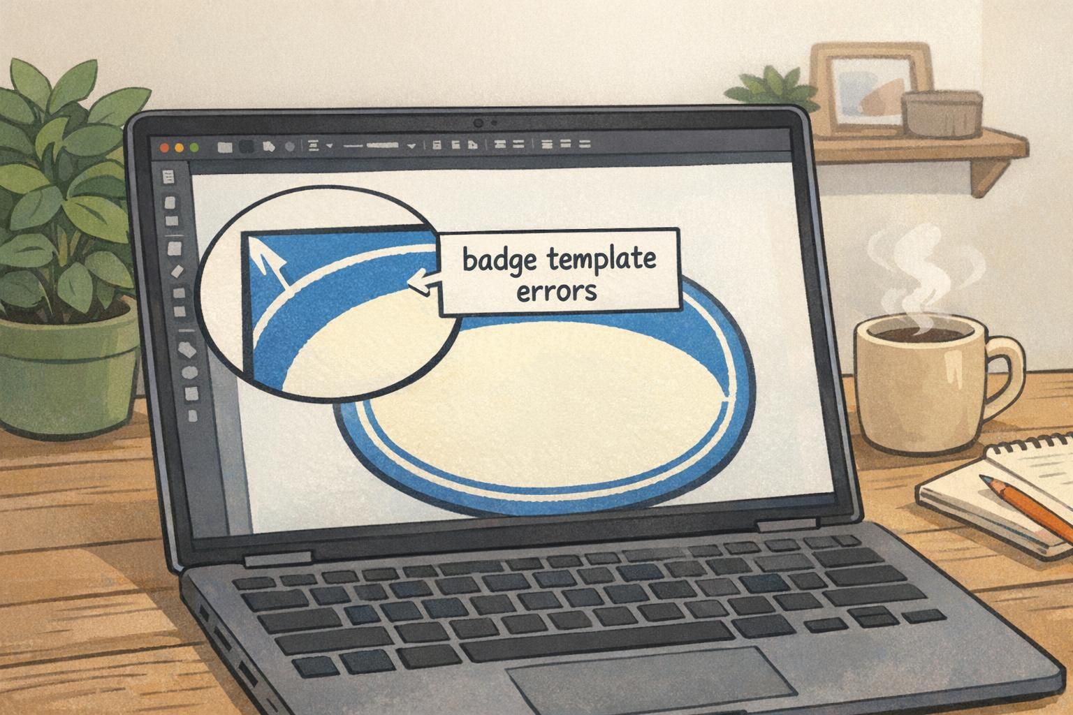 Zoomed-in laptop screen of a badge design tool showing text placed too close to the edge and visible guides used to catch template issues.