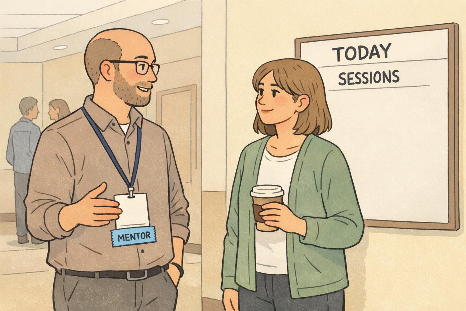 Two people conversing in a hallway, one wearing a conference badge with a MENTOR ribbon for easy networking and identification.