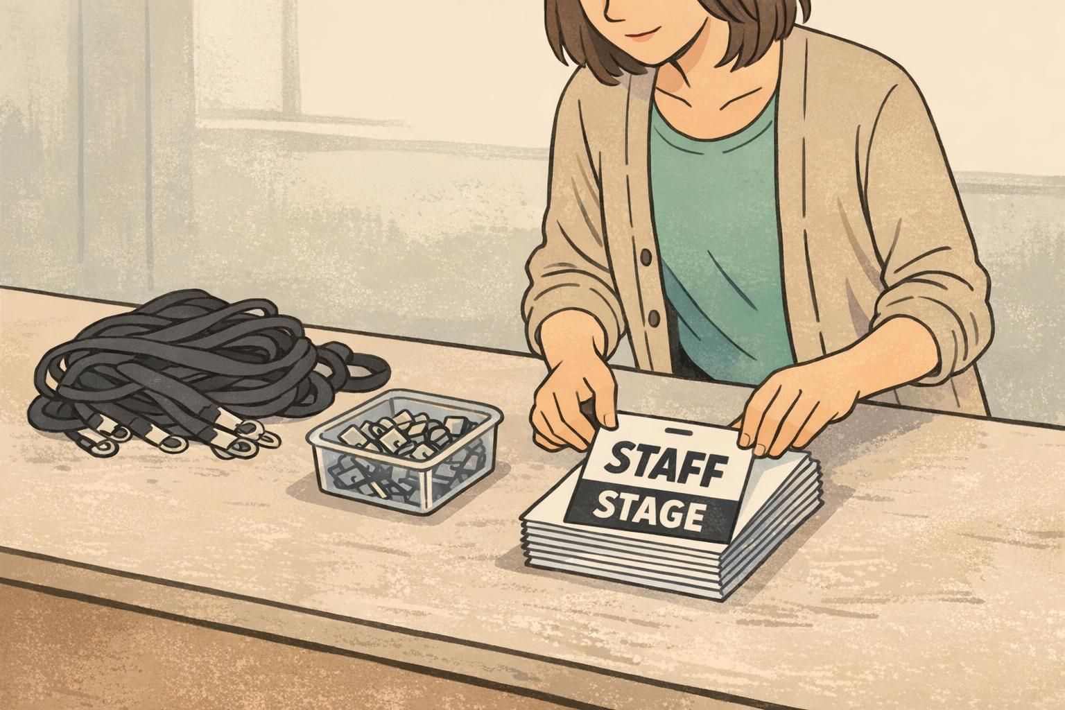Pre-event setup table with lanyards, clips, and a neat stack of role badges topped by a 'STAFF - STAGE' card, illustrating organized supplies for smooth event operations.