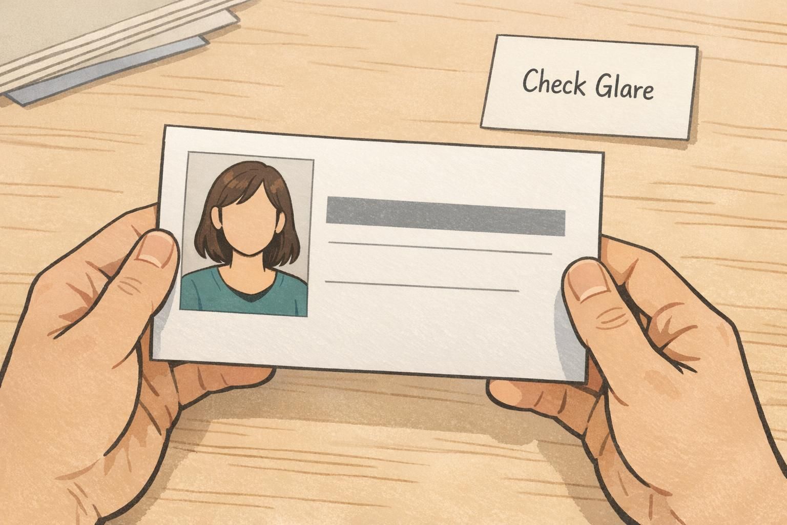 Close-up of hands holding an ID card proof under bright indoor lighting while checking for glare and legibility on card stock.