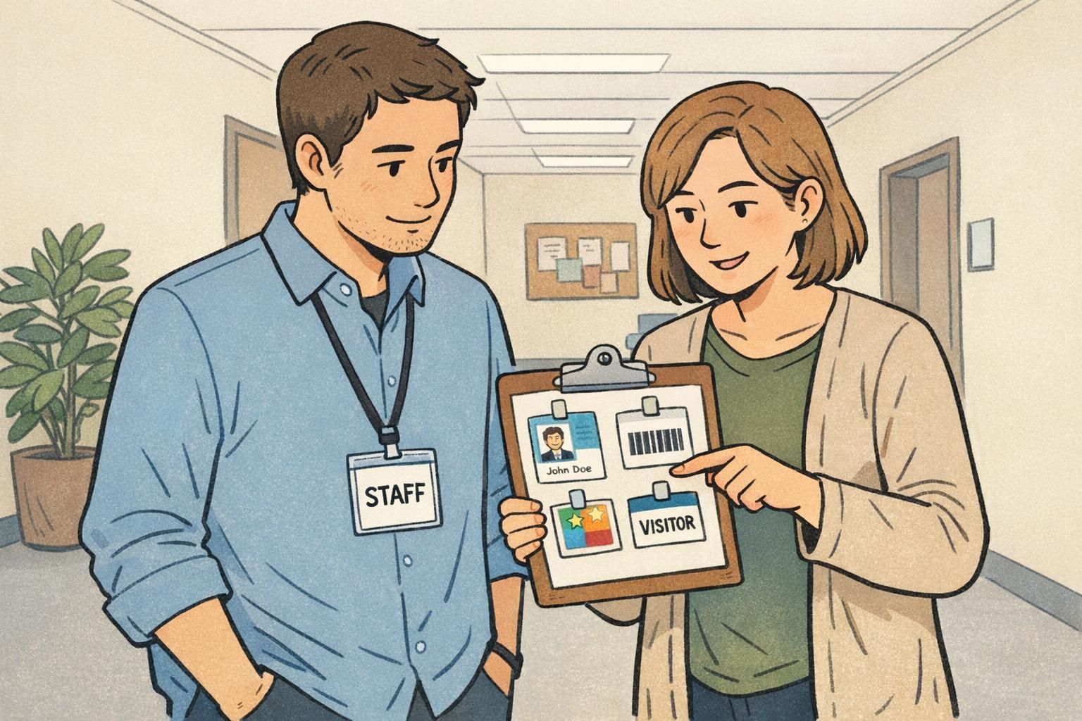 Two coworkers reviewing printed badge samples in a hallway while one wears a staff ID badge on a lanyard, illustrating real-world use.