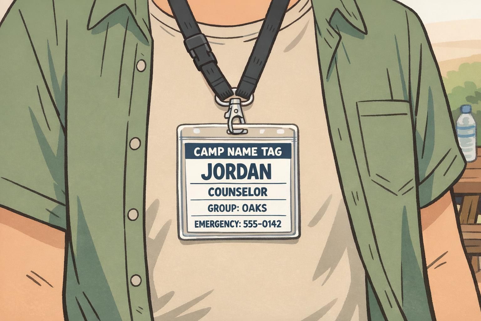Close-up of a counselor wearing a clear vertical holder on a breakaway lanyard displaying a durable camp name tag with large name, group, and emergency phone.