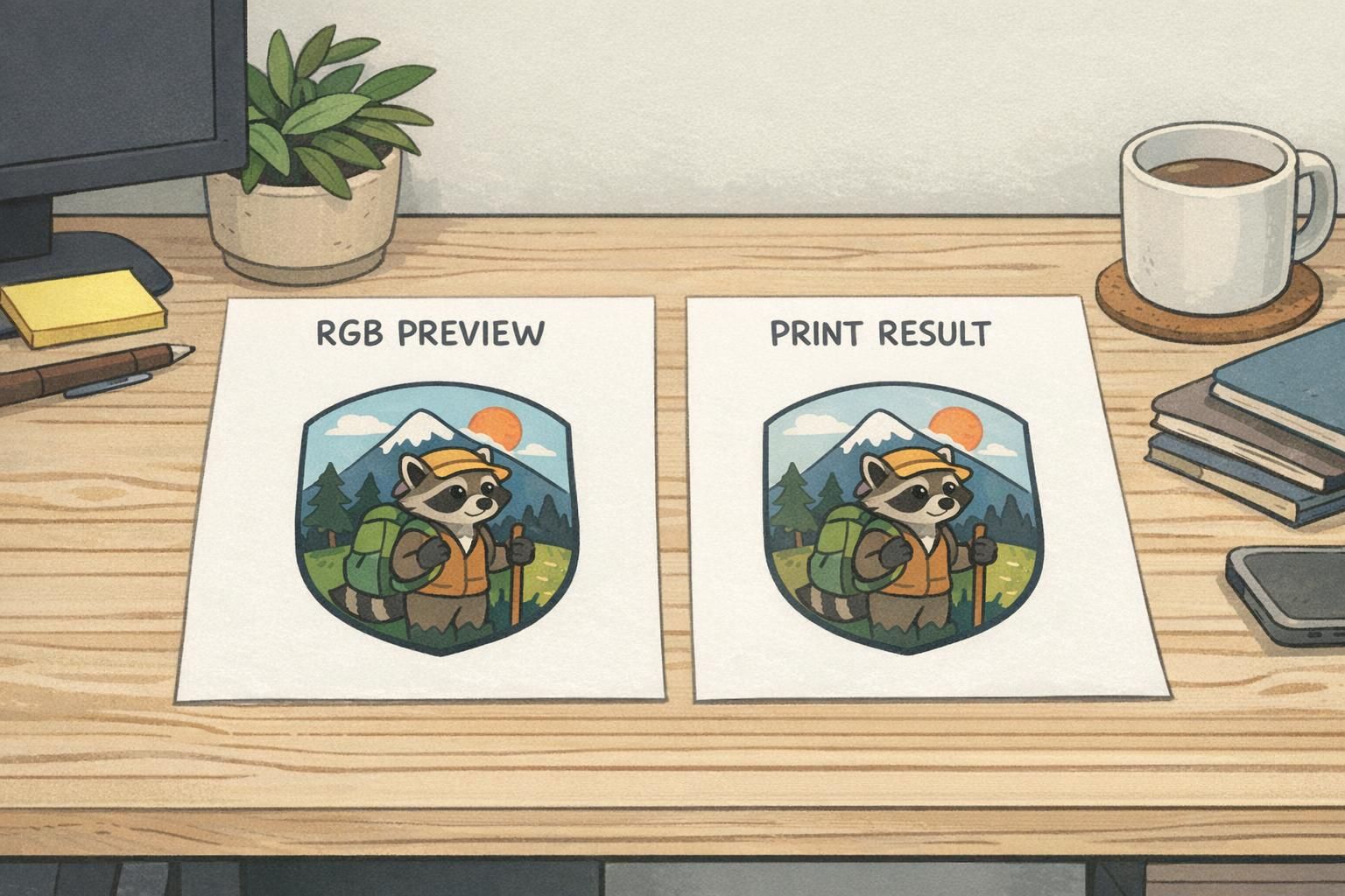 Side-by-side RGB preview and print result showing badge colors shifting and reduced saturation on printed samples.