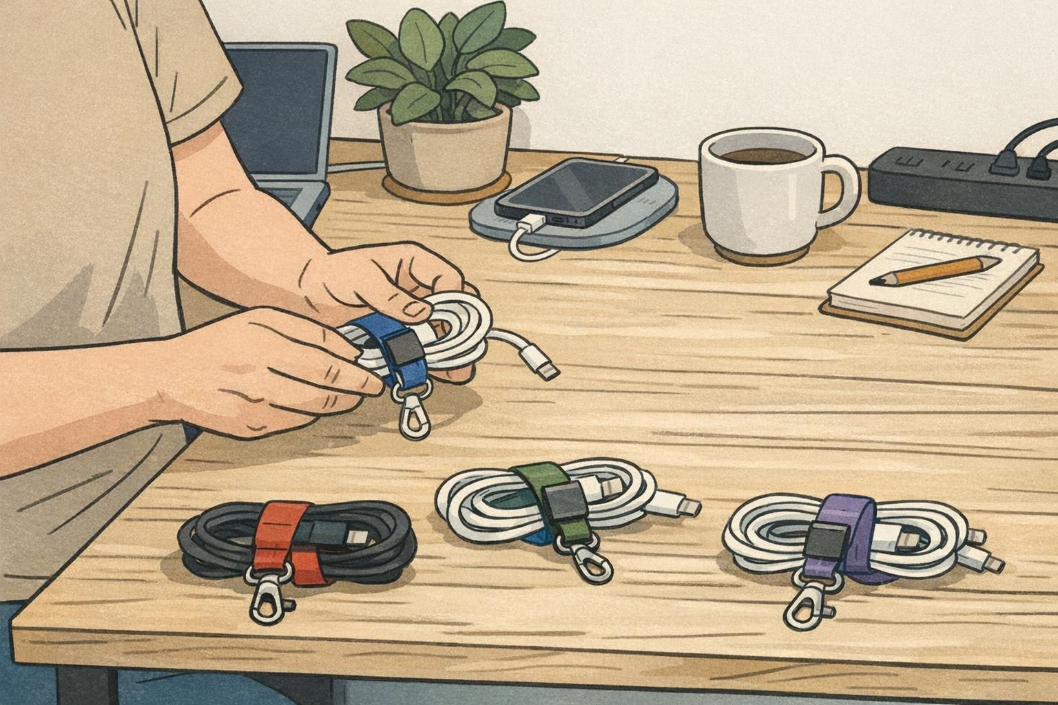 Retired lanyards repurposed as cable ties on a desk, bundling chargers and cords to extend the accessories' useful life between events.