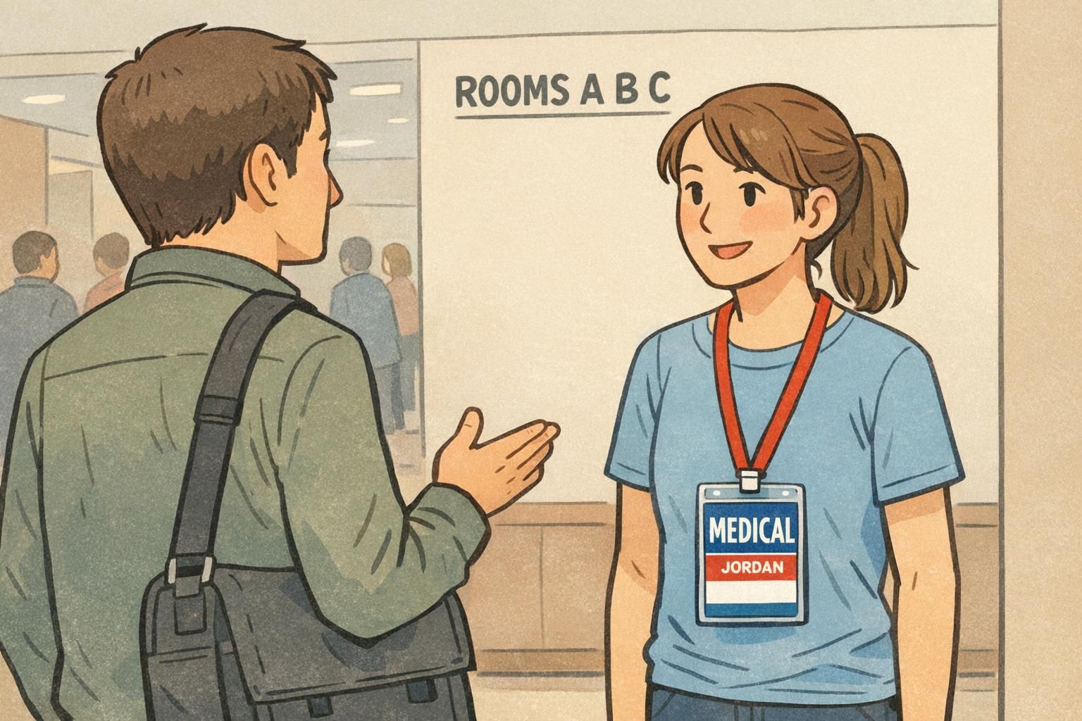 An attendee asks a volunteer wearing a MEDICAL role badge in a conference hallway, highlighting quick recognition for safety needs.