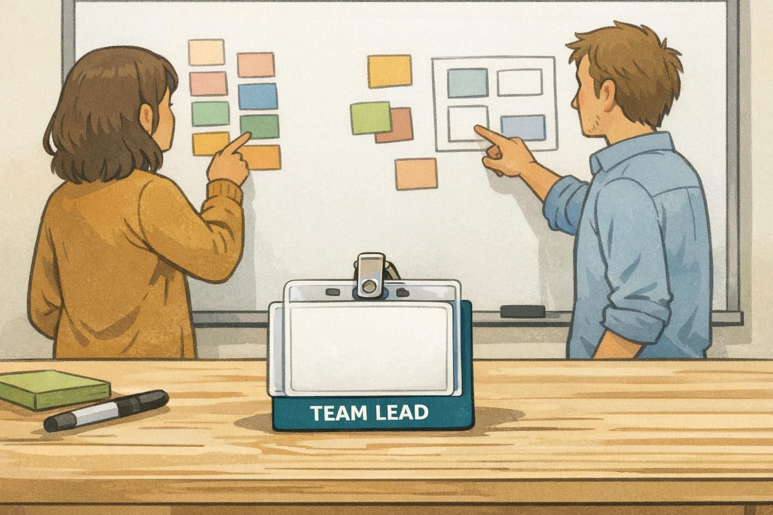 Meeting room planning scene with color swatches and a dark-teal TEAM LEAD badge buddy stacked behind an ID badge, showing role identifier system planning and color choices.