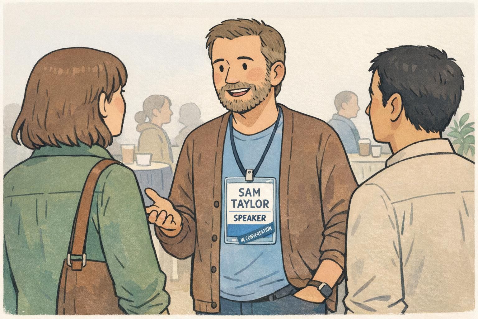 Speaker wearing a badge with an 'In Conversation' corner label that signals they are occupied during a networking interaction.