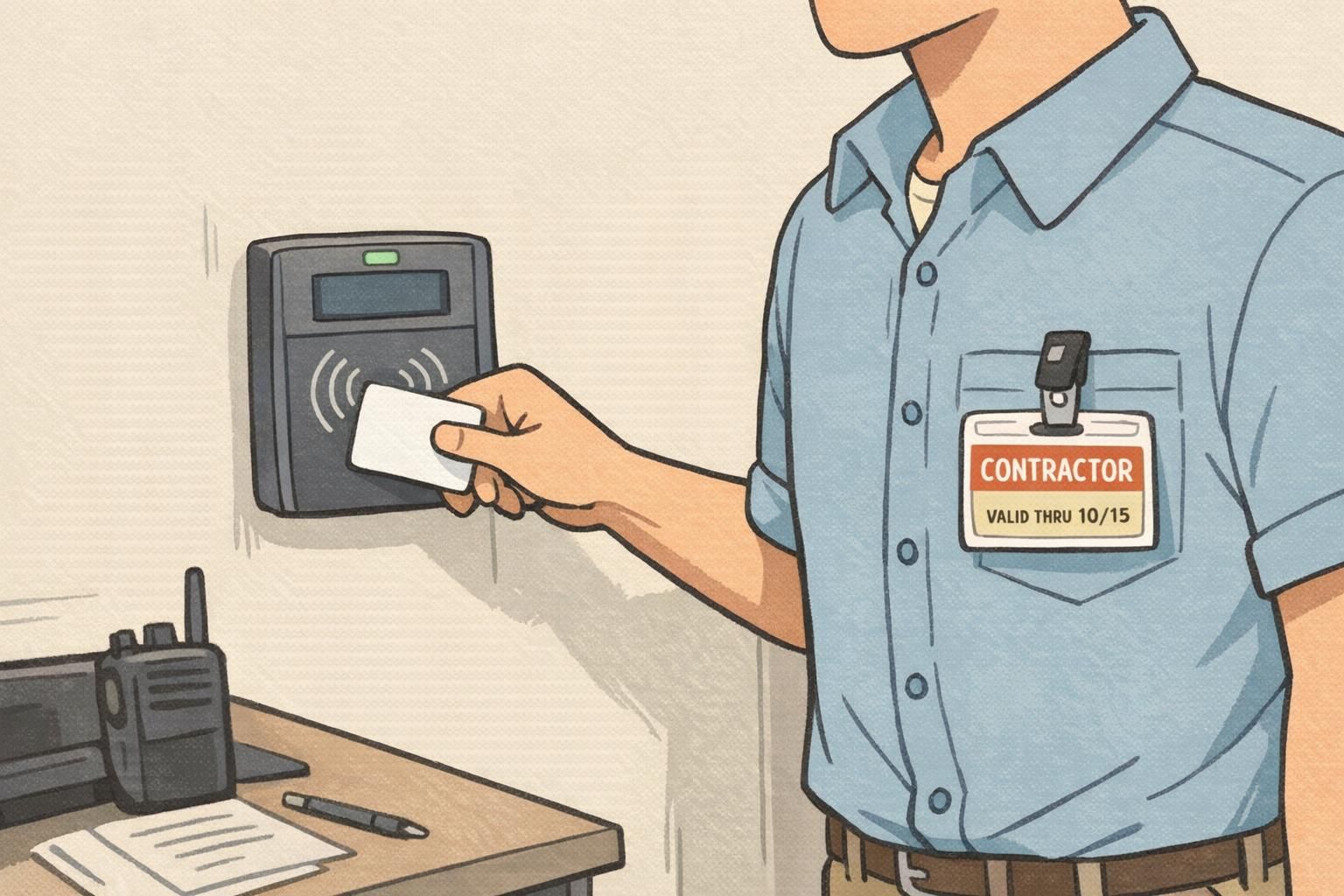 Contractor taps an access terminal while wearing a clipped contractor badge labeled CONTRACTOR with a visible valid-through date.