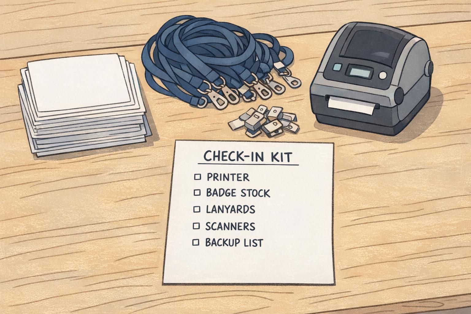 Overhead view of a check-in prep table with neatly stacked badge stock, lanyards, a label printer, and an organized checklist for event setup.