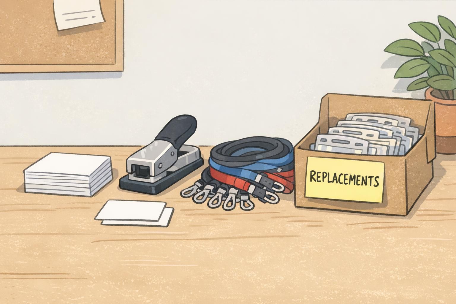 A replacement kit with blank cards, a slot punch, a stack of lanyards, and badge holders prepared to keep school ID cards reissues fast and consistent.