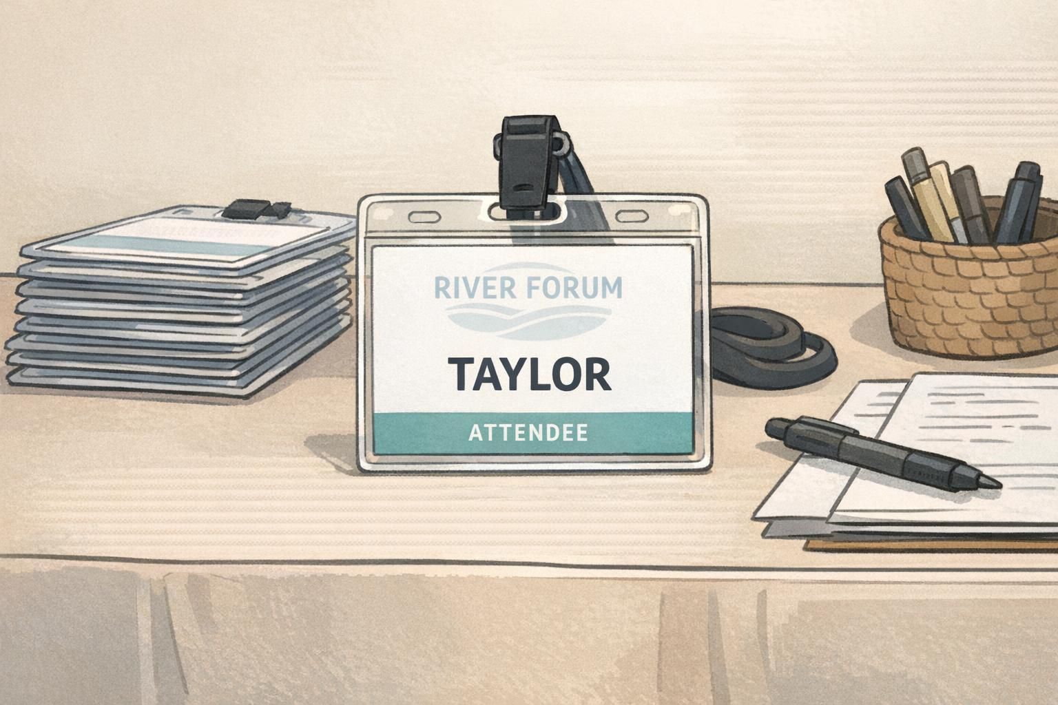 Stack of event badges in a holder showing a faint, oversized watermark logo placed away from the name line to protect the badge background and name clarity.