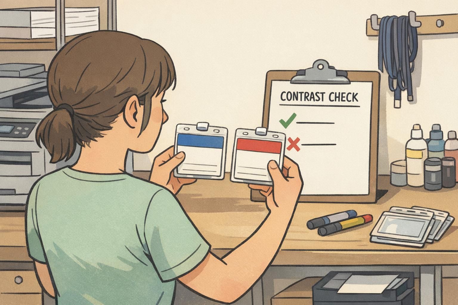 Print room staff comparing freshly printed ID badges with colored header bands against a contrast checklist to verify readability after lamination.