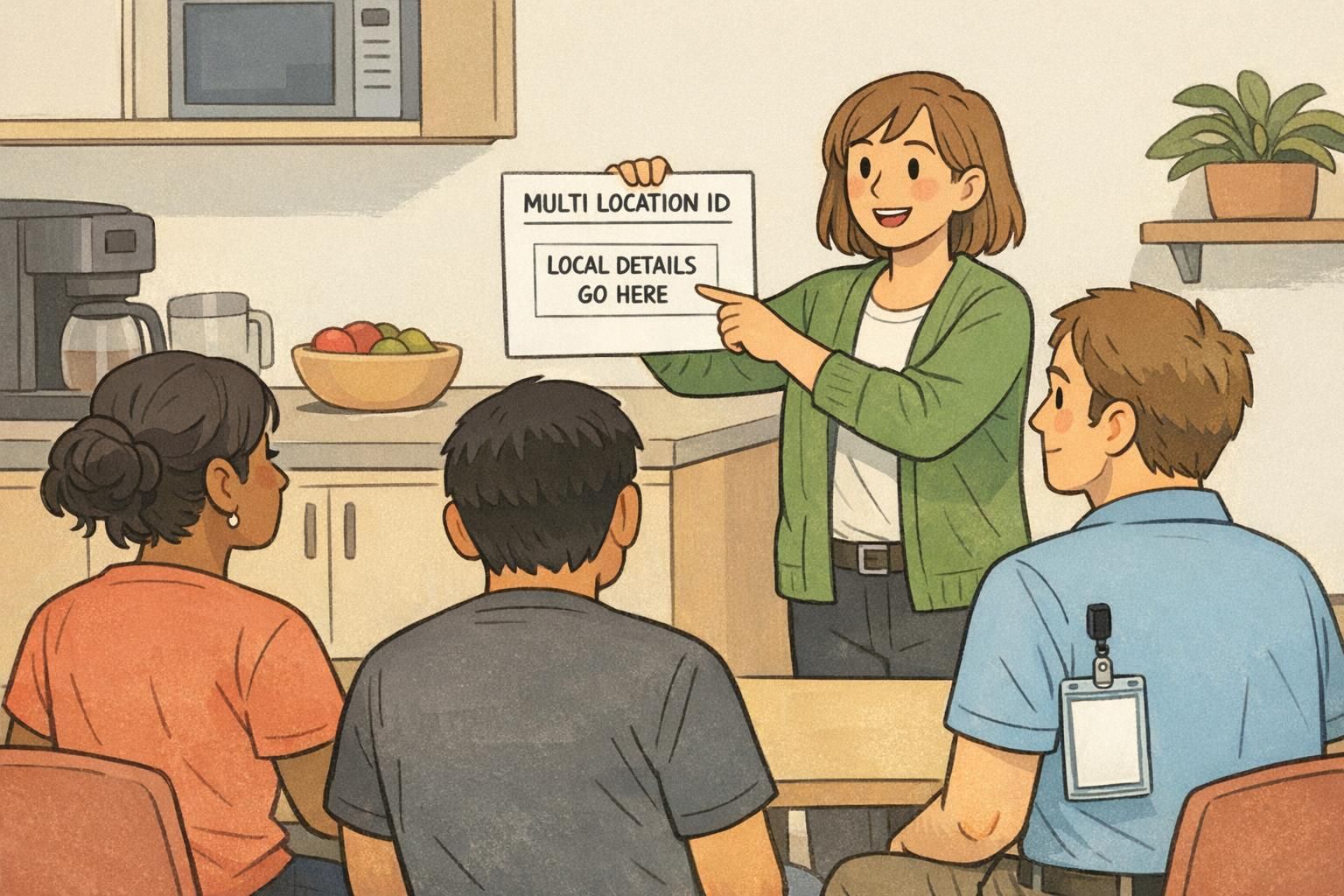 Manager points to a printed sheet explaining where local details belong on the badge while an employee listens, demonstrating clear employee ID design.