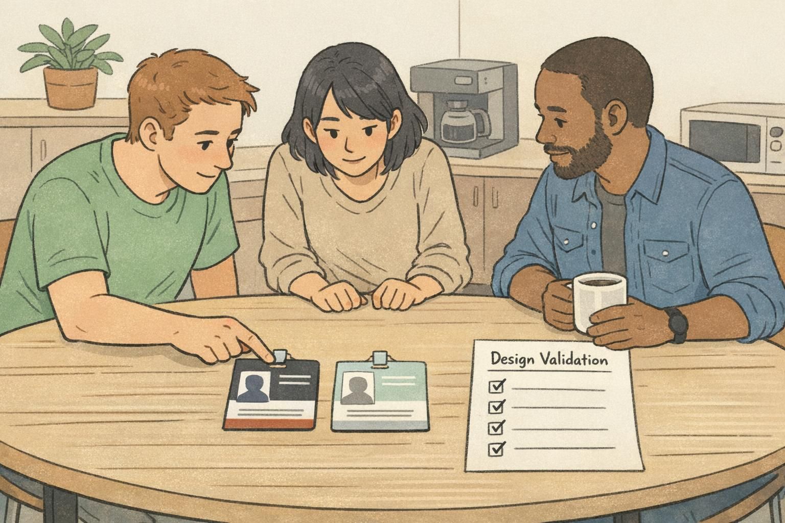 A small team in a break area comparing a high-contrast and a low-contrast badge mockup while using a legibility checklist.