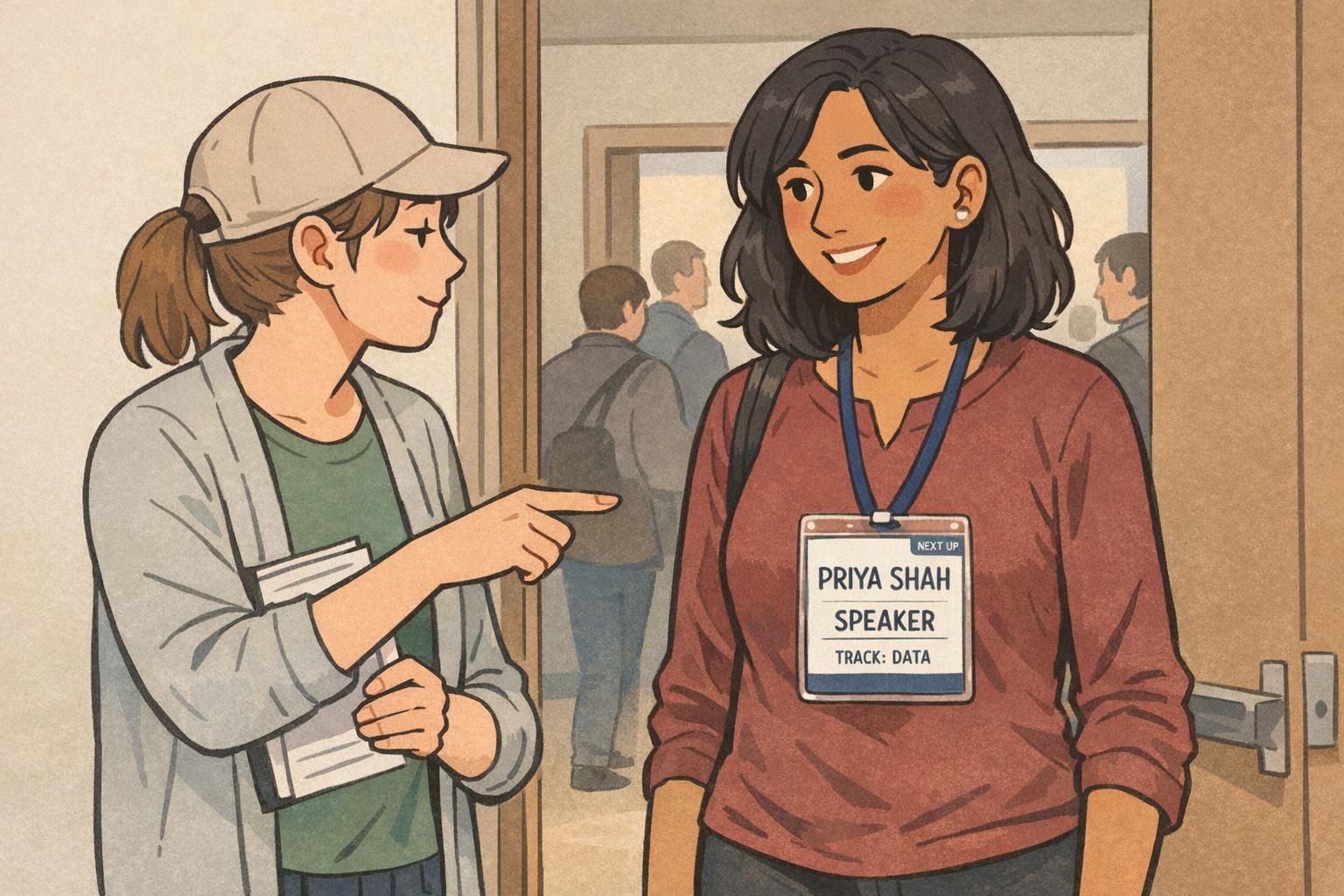 Volunteer at a hallway doorway glancing at a conference speaker ID with a track label and a 'next up' corner status to guide flow.