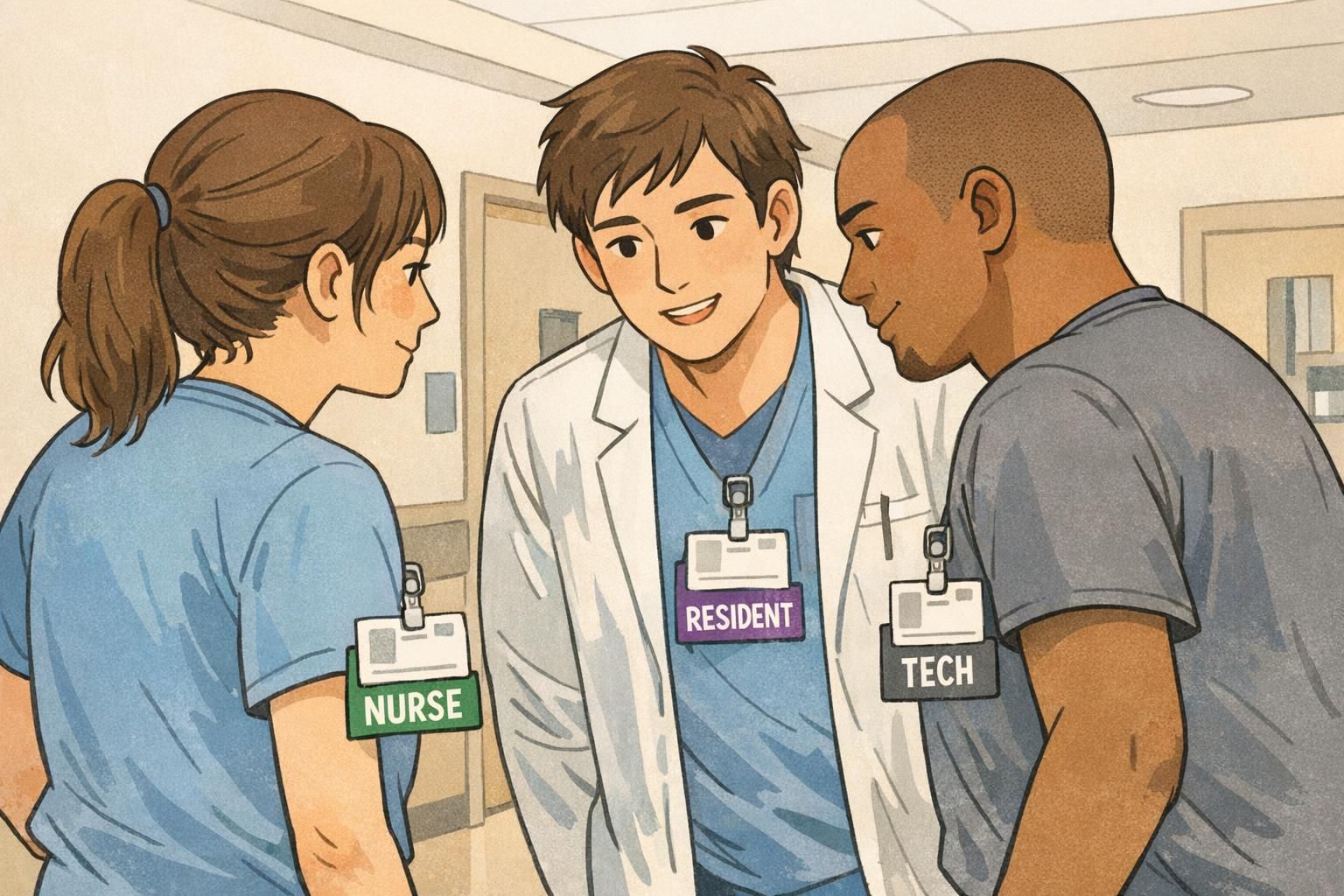 Care team huddle in a hospital corridor showing three clinicians wearing badge buddies labeled Nurse, Resident, and Tech to clarify roles.