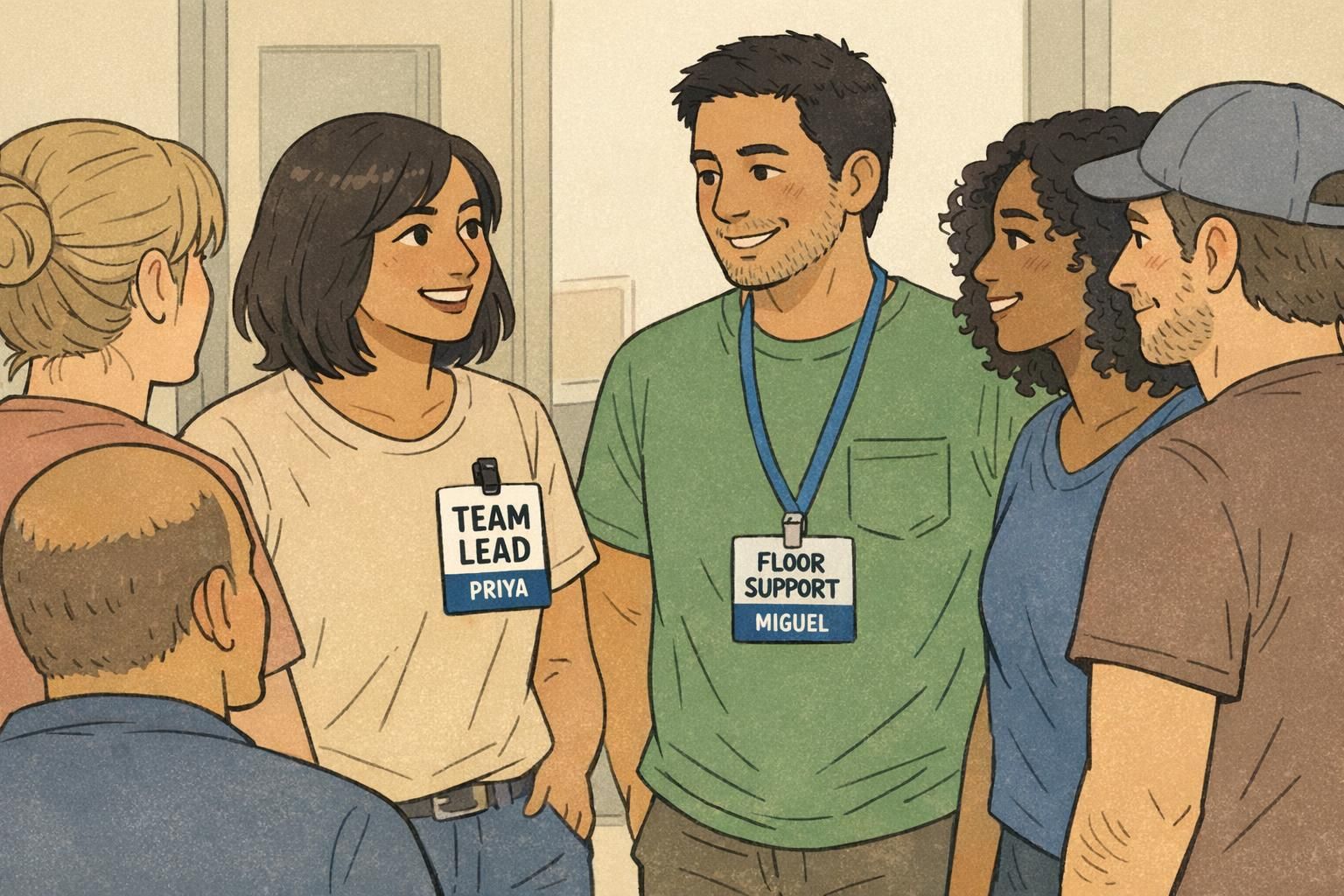 Volunteer team huddle before doors open showing role identifier badges labeled TEAM LEAD and FLOOR SUPPORT for clear on-site roles.