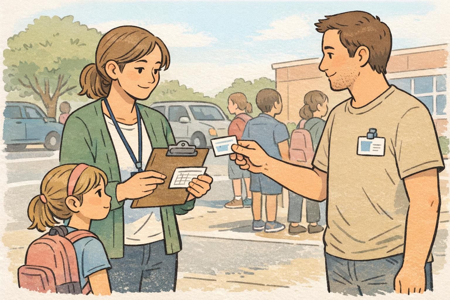 A staff member checks a parent pickup card and a printed roster while a child waits and the parent wears a visitor badge during elementary dismissal.