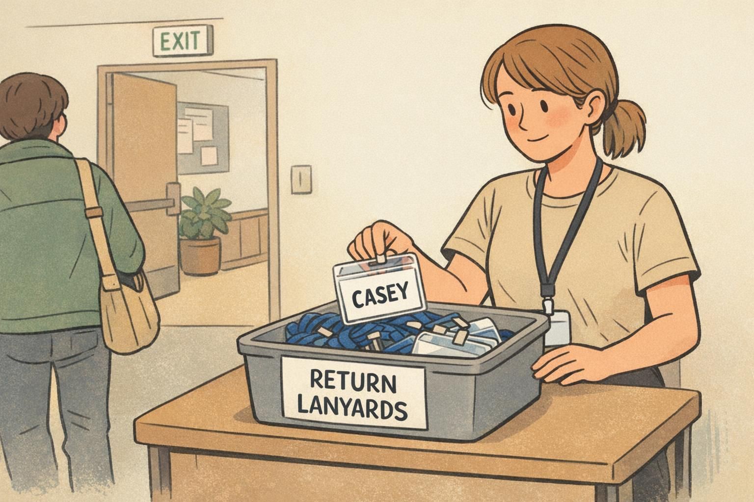 Staff member collecting reusable lanyards and clear badge holders into a return bin at the event exit to reuse badges and reduce waste.