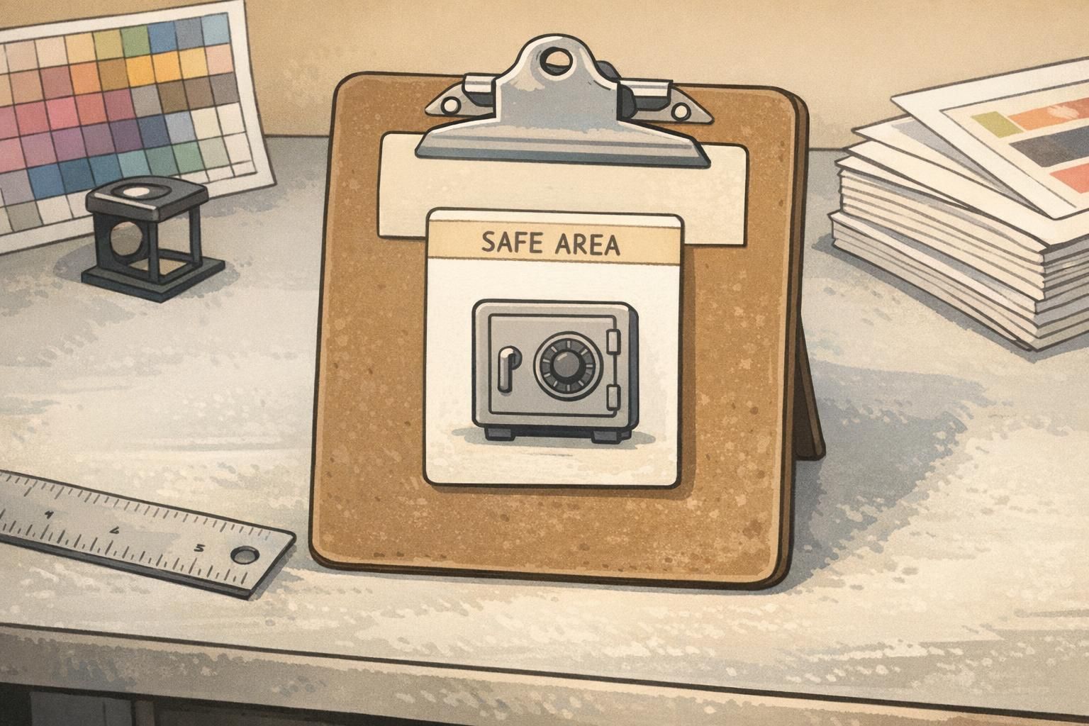 Paper badge mockup on a clipboard at a proofing station with a drawn safe box and a ruler used for quick ID card proofing checks.