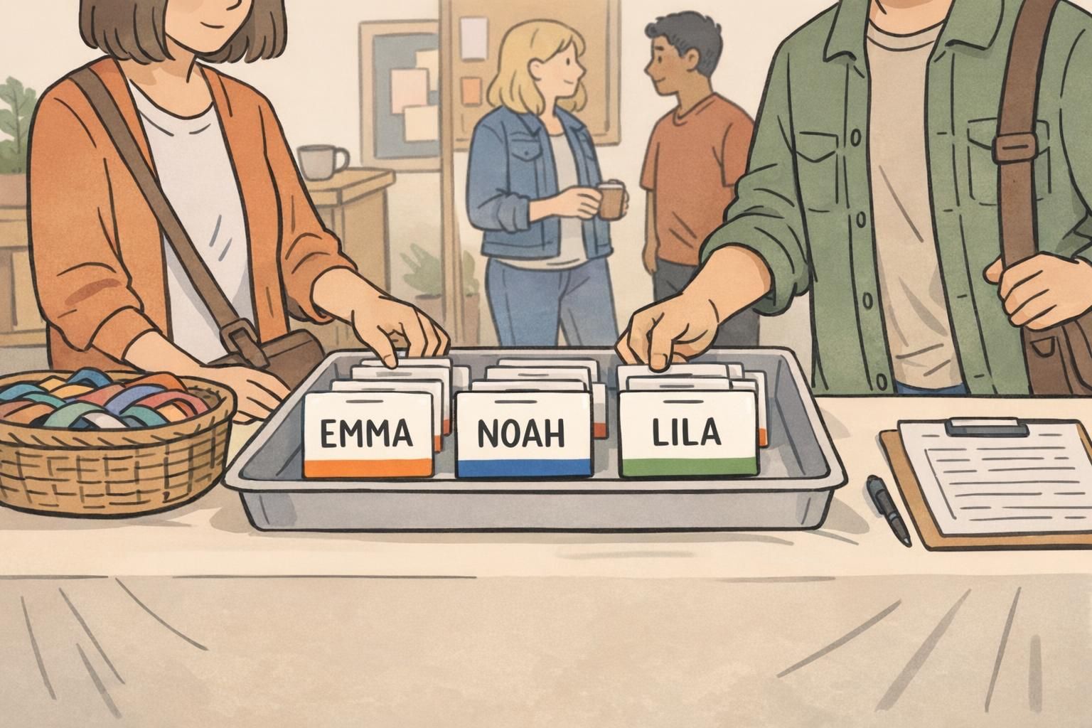 Community event badge pickup table with trays of name tags showing large, readable first names and simple color bars for group identification.