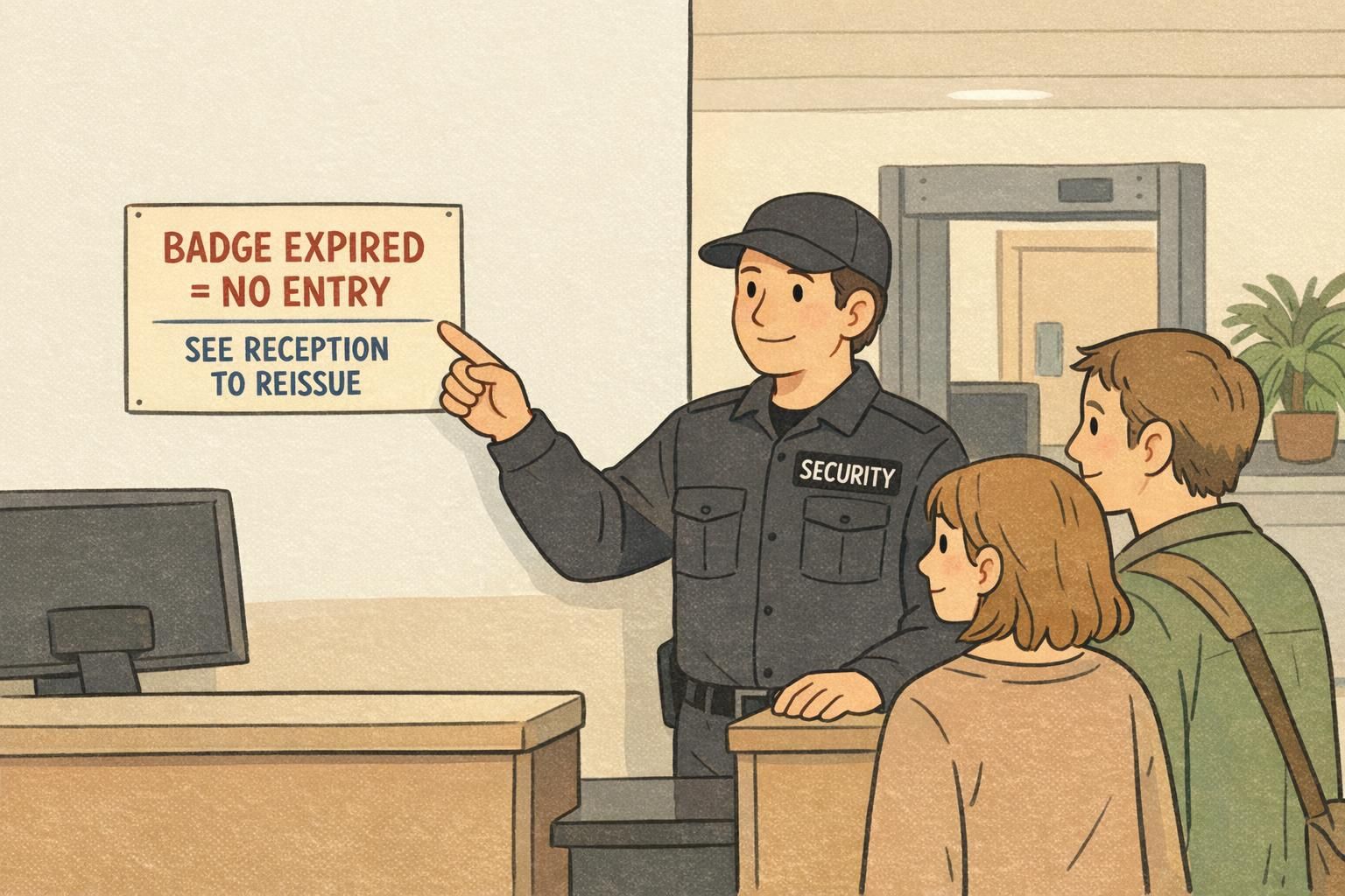 Security checkpoint sign illustrating temporary badge policy that reads 'BADGE EXPIRED = NO ENTRY' with directions to see reception to reissue.