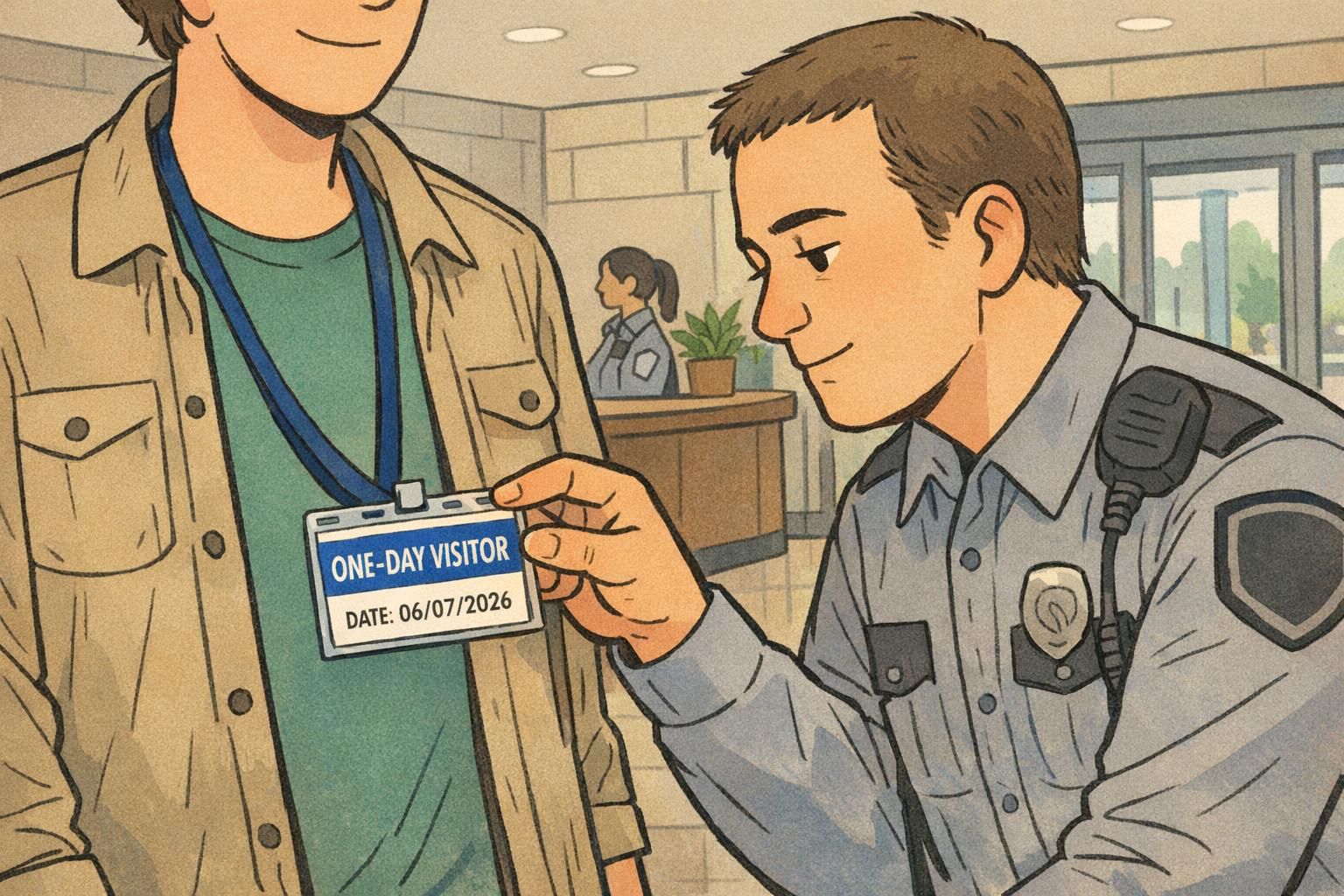 Security officer visually inspecting a visitor badge in a clear holder with a bold blue color bar and a visible date.