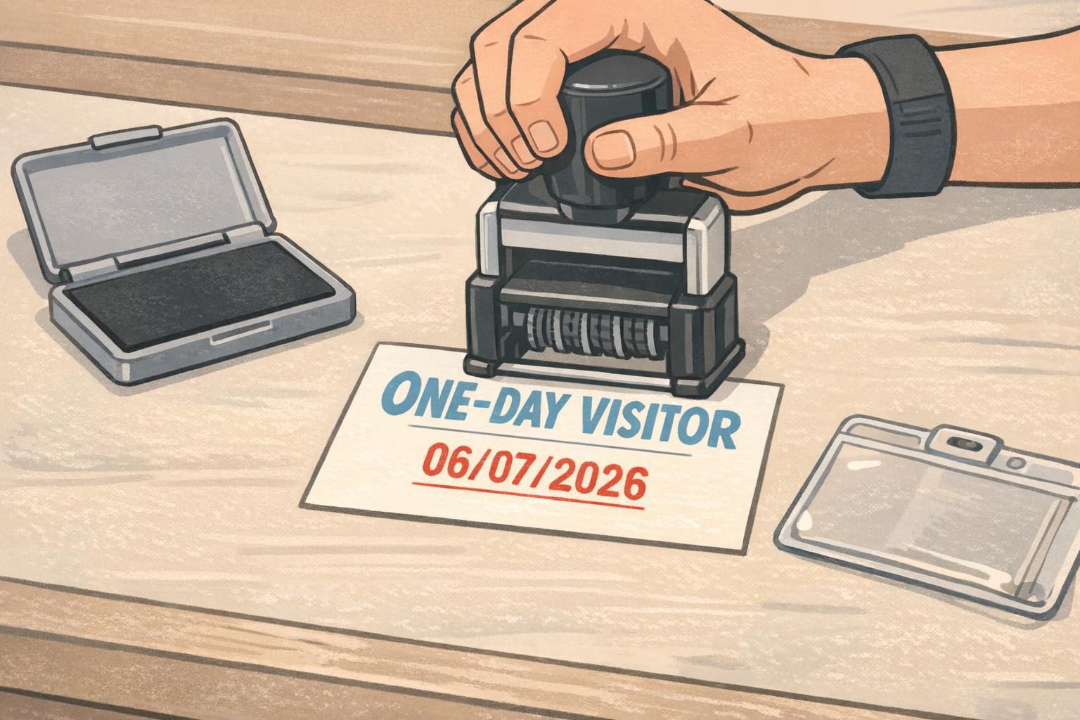 Reception staff stamping a date onto a visitor badge insert in a clear holder to show same-day validity.