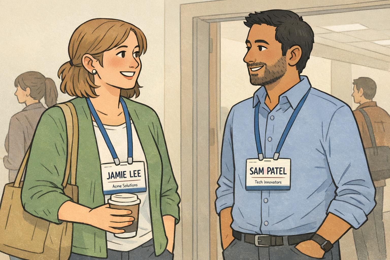 Two attendees talking between sessions in a hallway, each wearing a lanyard badge with a bold, easily legible name line for quick recognition.