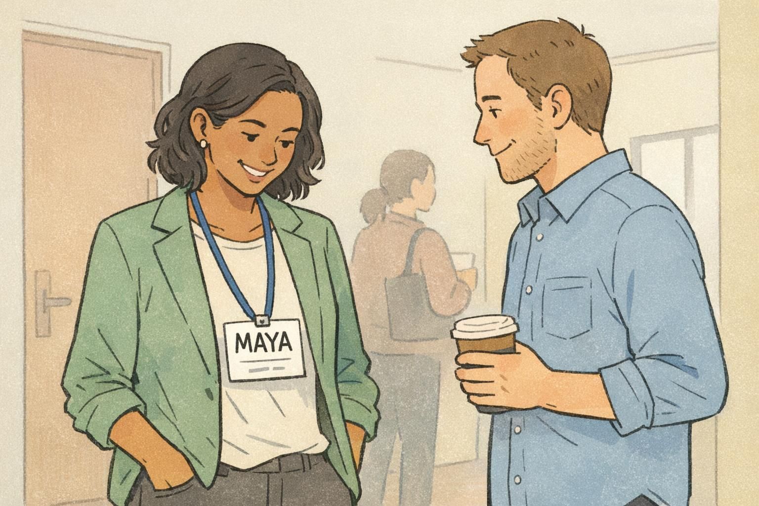 Two attendees networking while one wears an event name tag with a large clear first name 'MAYA' on a white badge.