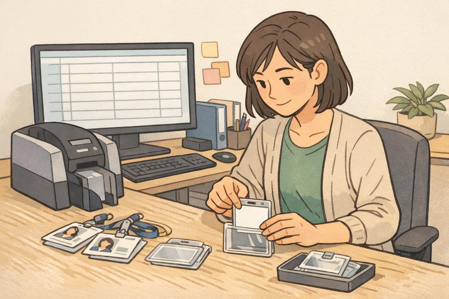 An HR office manager printing employee ID badges and organizing replacements at a workstation with a simple badge log.
