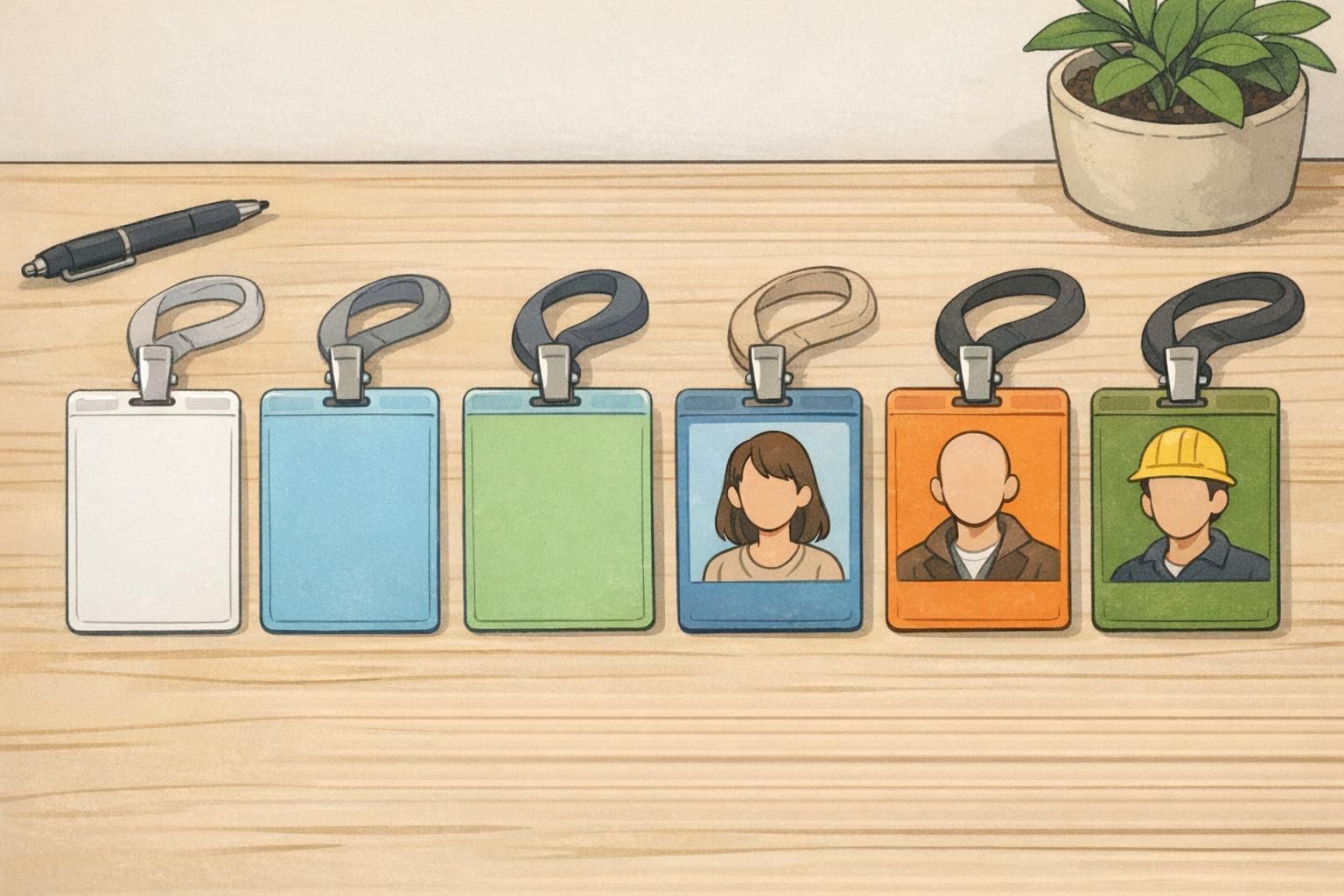 A row of employee, visitor, and contractor badges showing a simple office badge system with clear visual differences for workplace identification.