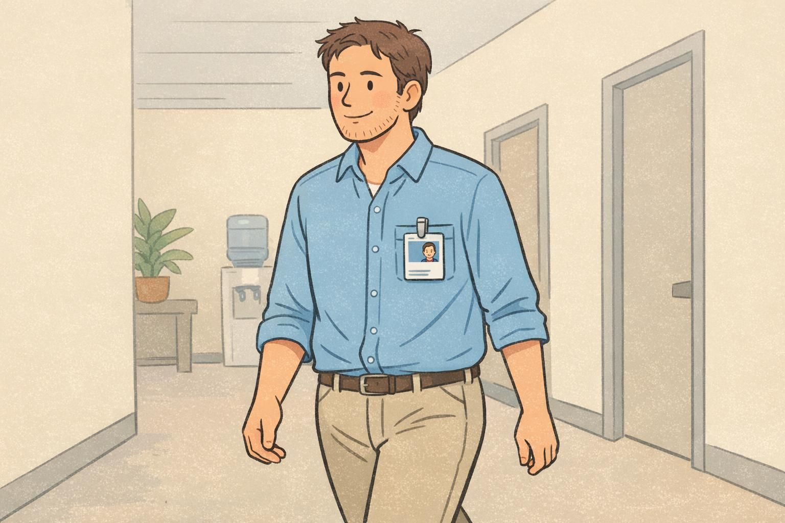 An office employee wearing employee ID badges above the waist on outer clothing in a hallway for quick workplace identification.