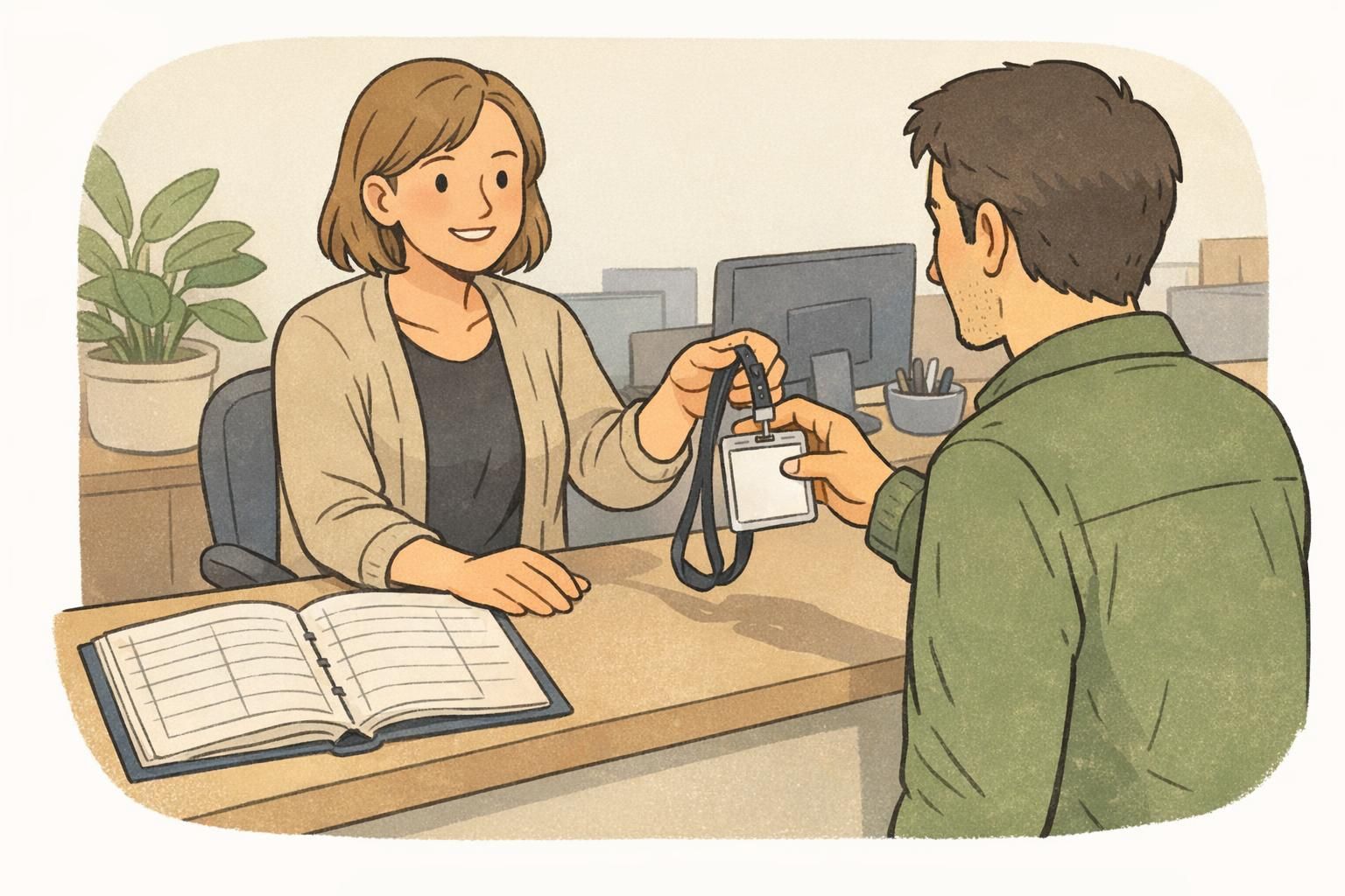 A receptionist handing a visitor badge to a guest at the front desk as part of a simple office badge system.